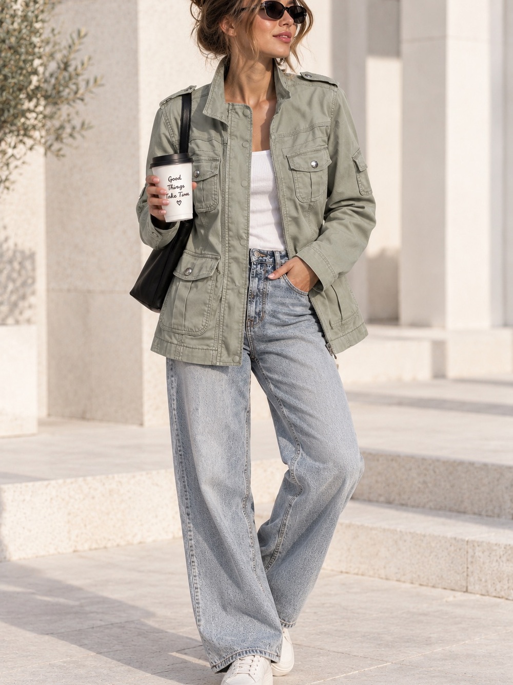 Kensie Jeans Women’s XL Light Sage Khaki Utility Military Jacket Cotton Stretch